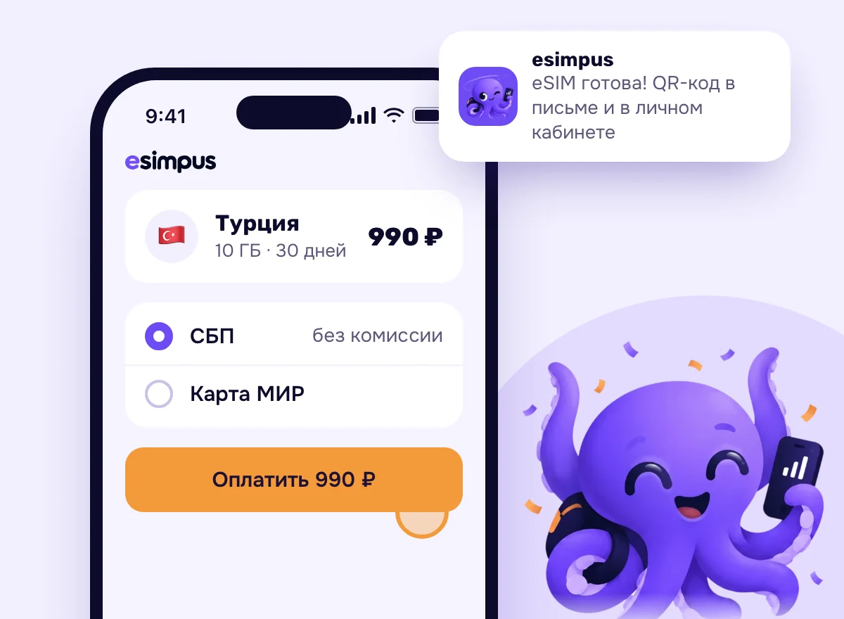 Оплата по СБП и уведомление, что eSIM готова