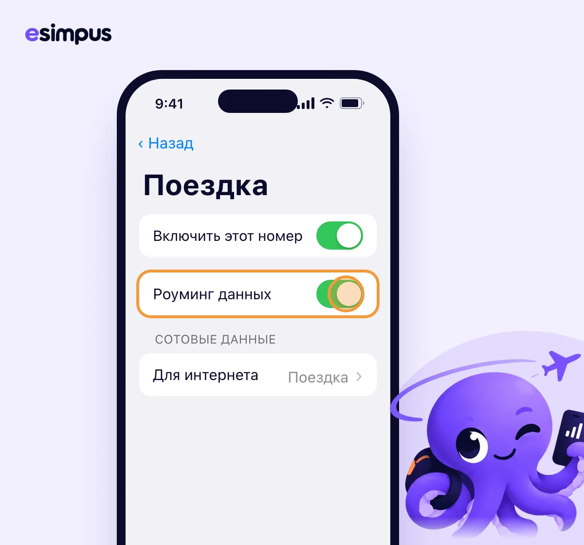 Настройки линии «Поездка»: включён «Роуминг данных»