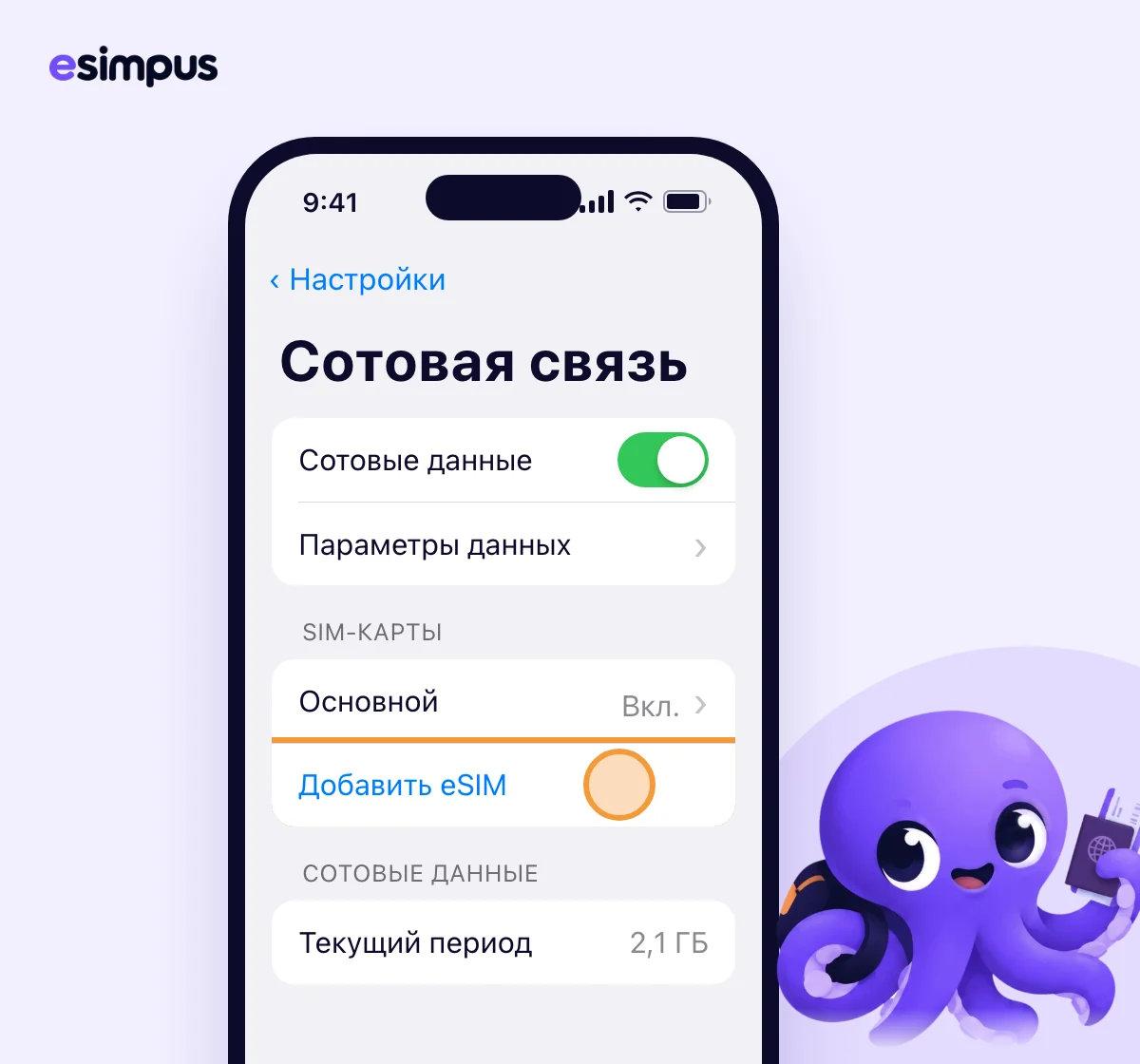 Настройки iPhone: раздел «Сотовая связь», надпись «Добавить eSIM»